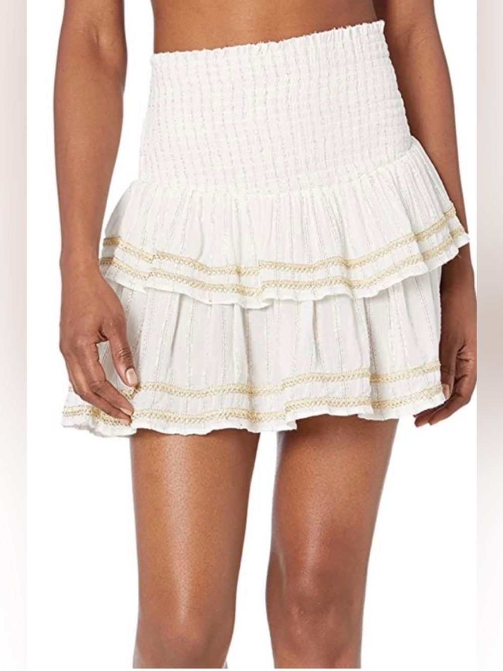 Ramy Brook Havana Skirt Cream and Metlic Gold Smocked Tiered Miniskirt EUC